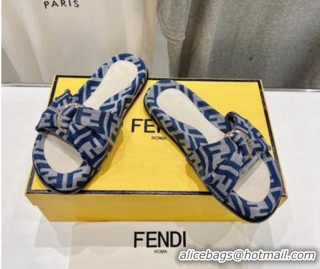 Stylish Fendi Feel Flat Slide Sandals in FF jacquard Navy Blue 702110