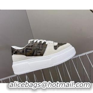 Grade Quality Fendi Match Platform Sneakers 5cm in Brown FF jacquard and White suede 7230095