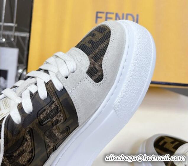 Grade Quality Fendi Match Platform Sneakers 5cm in Brown FF jacquard and White suede 7230095