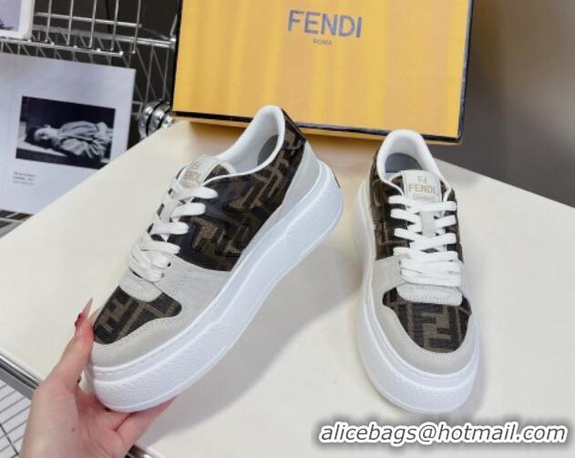 Grade Quality Fendi Match Platform Sneakers 5cm in Brown FF jacquard and White suede 7230095