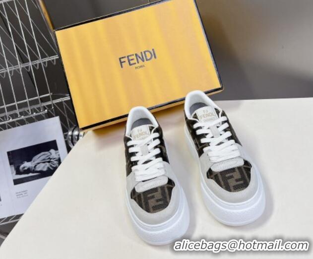 Grade Quality Fendi Match Platform Sneakers 5cm in Brown FF jacquard and White suede 7230095