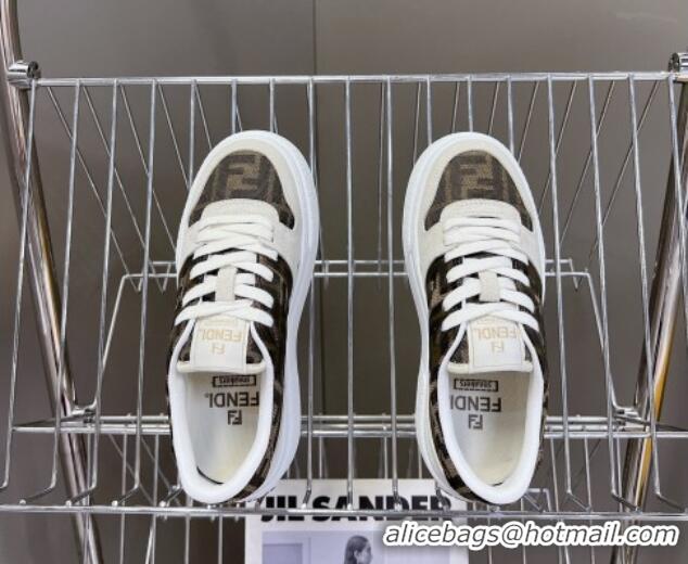 Grade Quality Fendi Match Platform Sneakers 5cm in Brown FF jacquard and White suede 7230095