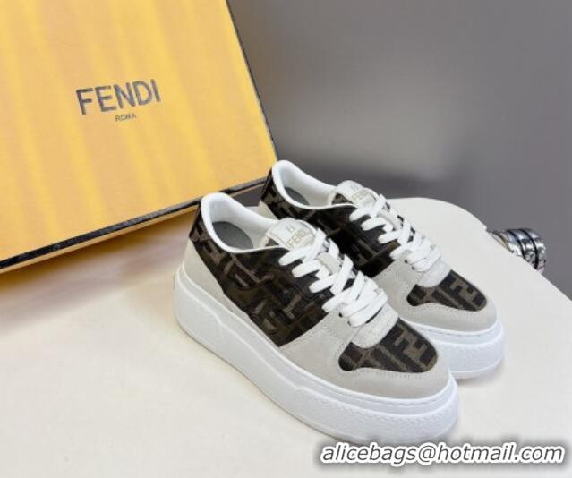 Grade Quality Fendi Match Platform Sneakers 5cm in Brown FF jacquard and White suede 7230095