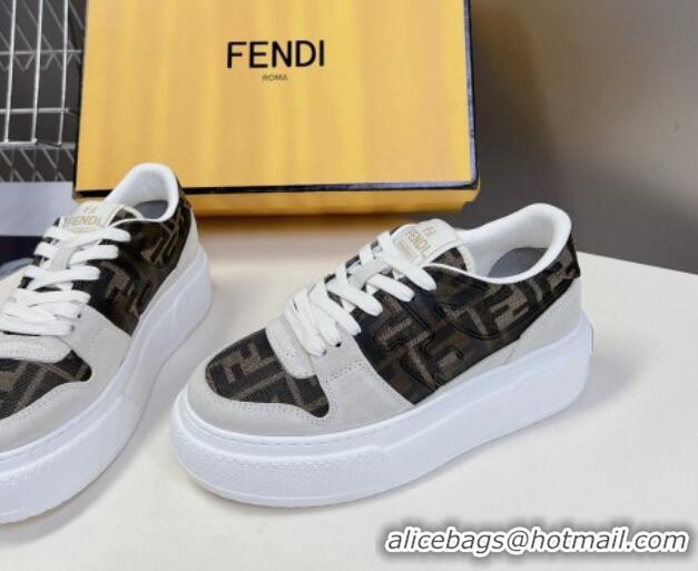 Grade Quality Fendi Match Platform Sneakers 5cm in Brown FF jacquard and White suede 7230095