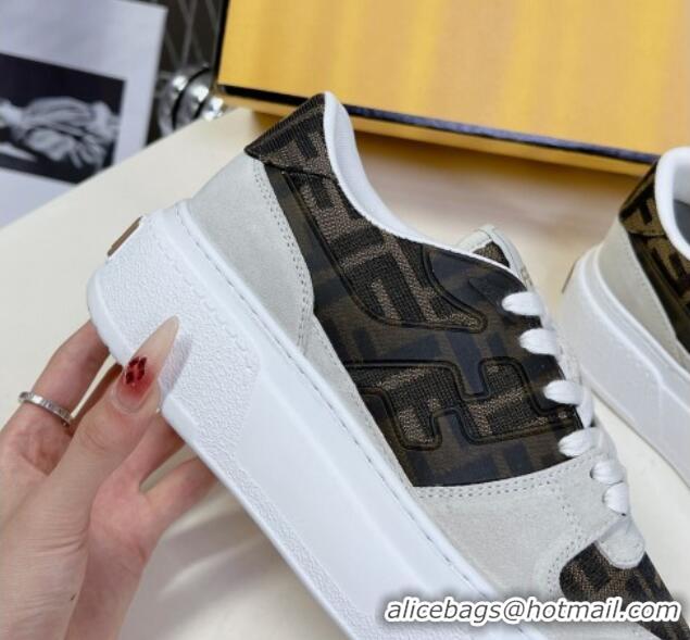 Grade Quality Fendi Match Platform Sneakers 5cm in Brown FF jacquard and White suede 7230095