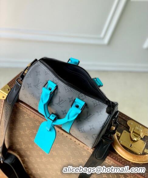 Promotional Louis Vuitton Keepall Bandouliere 25 Bag in Monogram Eclipse Reverse Canvas M11645 Turquoise Blue/Grey 2024