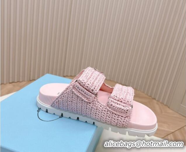 Good Quality Prada Crochet Raffia Straw Effect Flat Slide Sandals Light Pink 327115