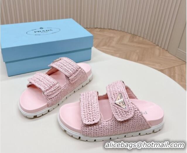 Good Quality Prada Crochet Raffia Straw Effect Flat Slide Sandals Light Pink 327115