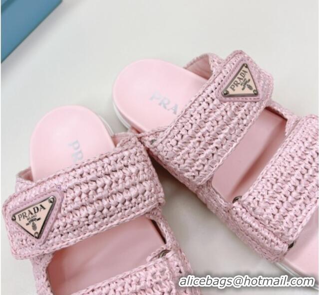 Good Quality Prada Crochet Raffia Straw Effect Flat Slide Sandals Light Pink 327115