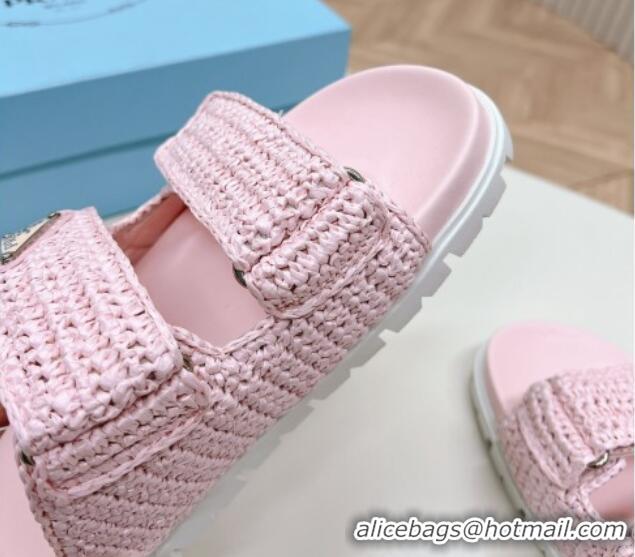 Good Quality Prada Crochet Raffia Straw Effect Flat Slide Sandals Light Pink 327115