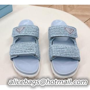 Buy Discount Prada Crochet Raffia Straw Effect Flat Slide Sandals Light Blue 327116