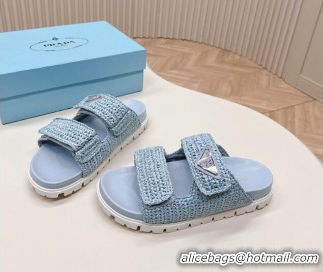 Buy Discount Prada Crochet Raffia Straw Effect Flat Slide Sandals Light Blue 327116