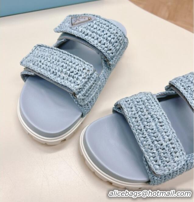 Buy Discount Prada Crochet Raffia Straw Effect Flat Slide Sandals Light Blue 327116