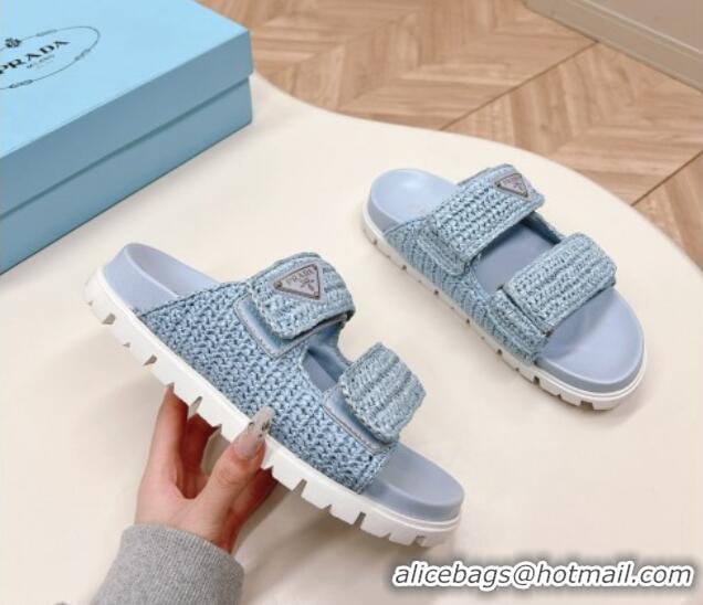 Buy Discount Prada Crochet Raffia Straw Effect Flat Slide Sandals Light Blue 327116