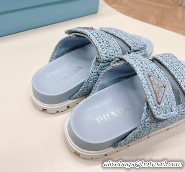 Buy Discount Prada Crochet Raffia Straw Effect Flat Slide Sandals Light Blue 327116