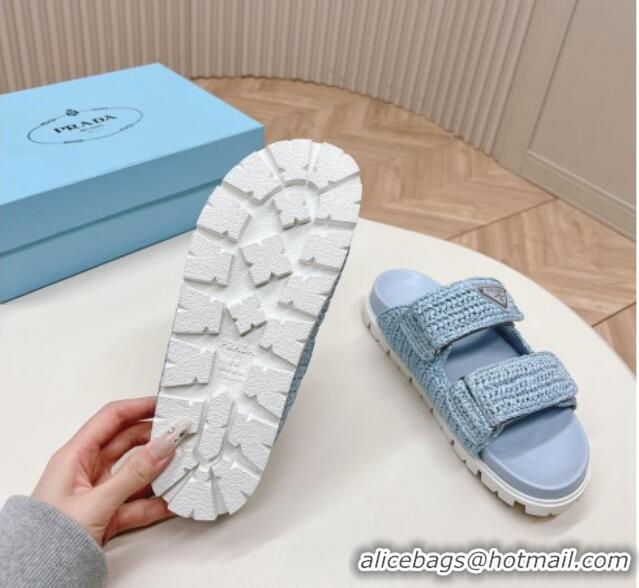 Buy Discount Prada Crochet Raffia Straw Effect Flat Slide Sandals Light Blue 327116