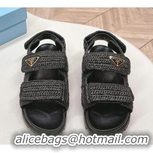 Stylish Prada Crochet Raffia-Like Flat Sandals Black 327110