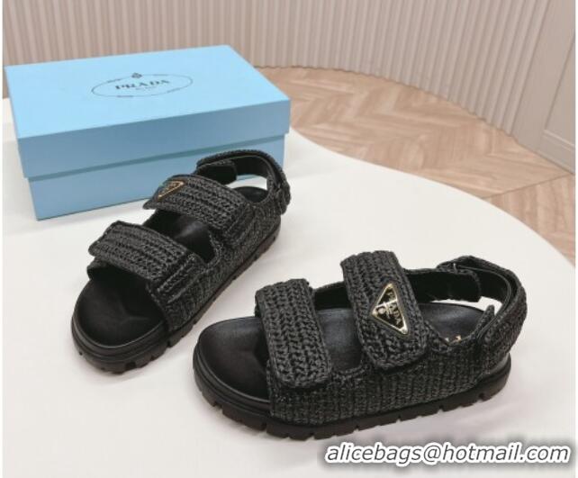 Stylish Prada Crochet Raffia-Like Flat Sandals Black 327110