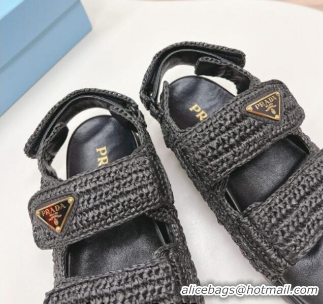 Stylish Prada Crochet Raffia-Like Flat Sandals Black 327110