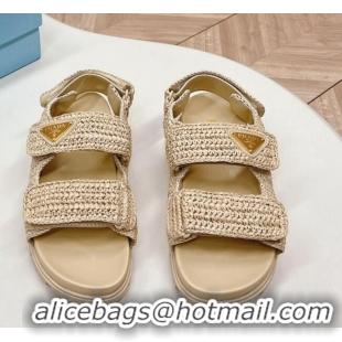 Best Product Prada Crochet Raffia-Like Flat Sandals Beige 327111