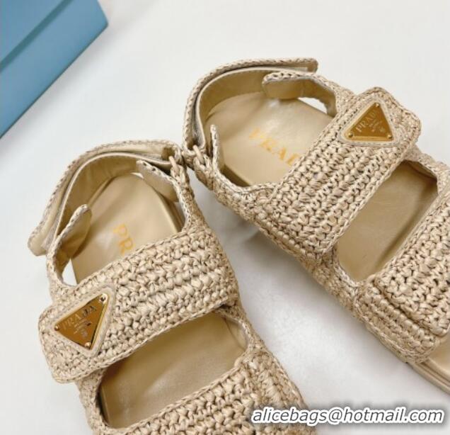 Best Product Prada Crochet Raffia-Like Flat Sandals Beige 327111