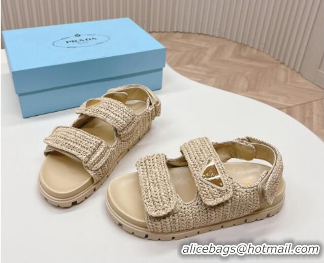 Best Product Prada Crochet Raffia-Like Flat Sandals Beige 327111