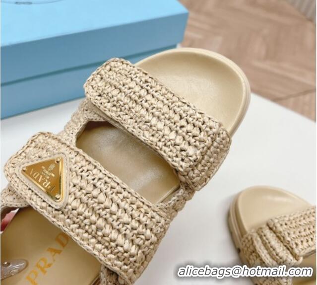 Best Product Prada Crochet Raffia-Like Flat Sandals Beige 327111