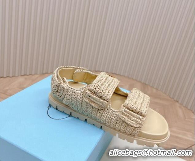 Best Product Prada Crochet Raffia-Like Flat Sandals Beige 327111