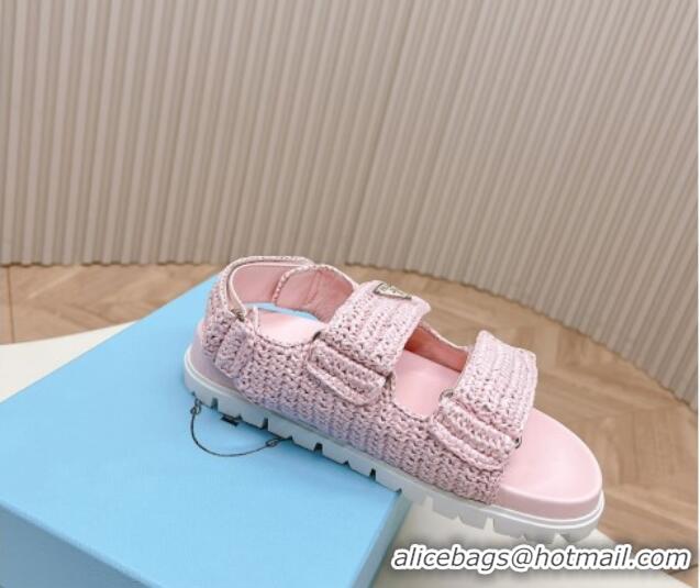 Good Quality Prada Crochet Raffia-Like Flat Sandals Light Pink 327112