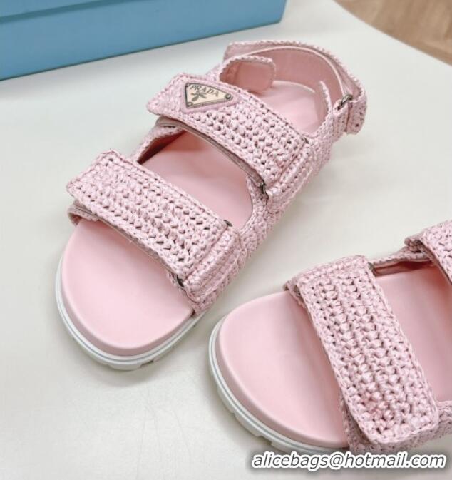 Good Quality Prada Crochet Raffia-Like Flat Sandals Light Pink 327112