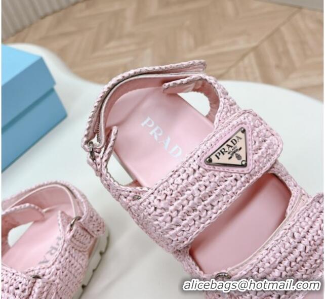 Good Quality Prada Crochet Raffia-Like Flat Sandals Light Pink 327112