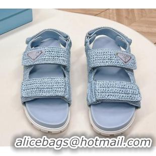 Top Grade Prada Crochet Raffia-Like Flat Sandals Light Blue 327113