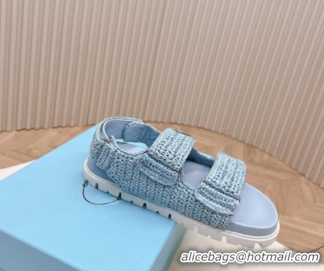 Top Grade Prada Crochet Raffia-Like Flat Sandals Light Blue 327113