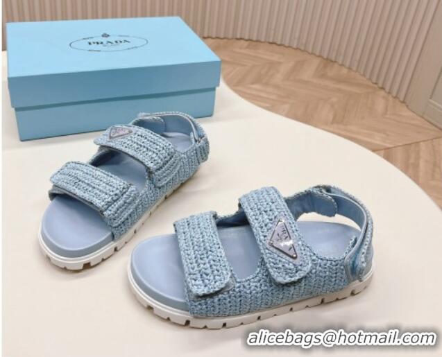 Top Grade Prada Crochet Raffia-Like Flat Sandals Light Blue 327113