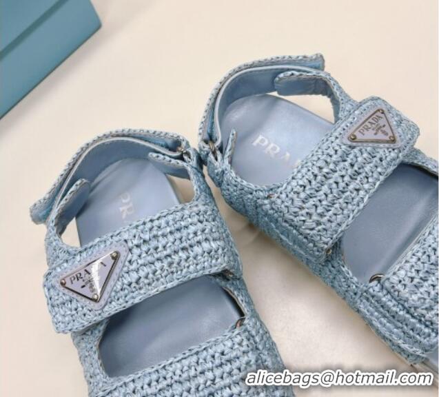 Top Grade Prada Crochet Raffia-Like Flat Sandals Light Blue 327113