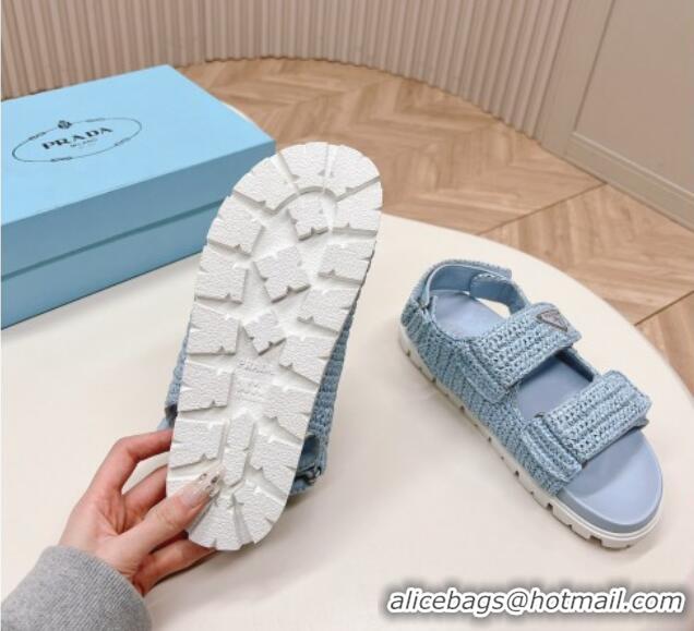 Top Grade Prada Crochet Raffia-Like Flat Sandals Light Blue 327113