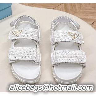 Stylish Prada Crochet Raffia-Like Flat Sandals White 327114