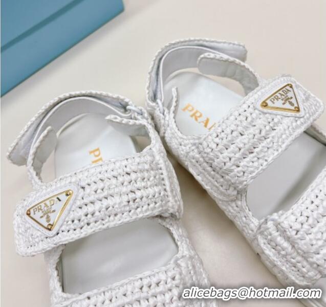 Stylish Prada Crochet Raffia-Like Flat Sandals White 327114