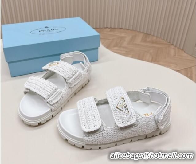 Stylish Prada Crochet Raffia-Like Flat Sandals White 327114