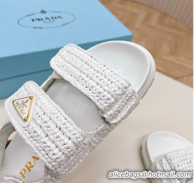 Stylish Prada Crochet Raffia-Like Flat Sandals White 327114