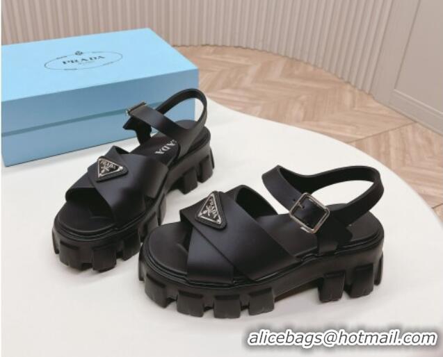 Sumptuous Prada Leather Platform Sandals 5.5cm with Cross Strap Black 327117