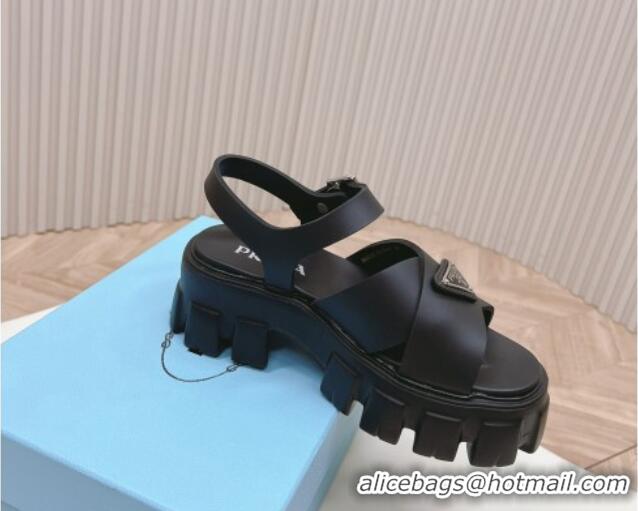 Sumptuous Prada Leather Platform Sandals 5.5cm with Cross Strap Black 327117