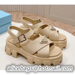 Grade Quality Prada Leather Platform Sandals 5.5cm with Cross Strap Beige 327118