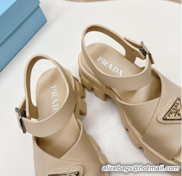 Grade Quality Prada Leather Platform Sandals 5.5cm with Cross Strap Beige 327118