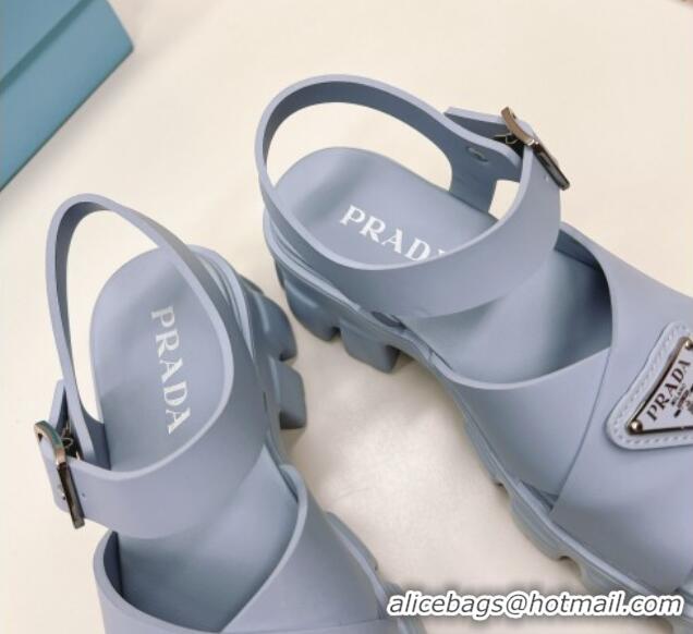 Best Grade Prada Leather Platform Sandals 5.5cm with Cross Strap Light Blue 327119