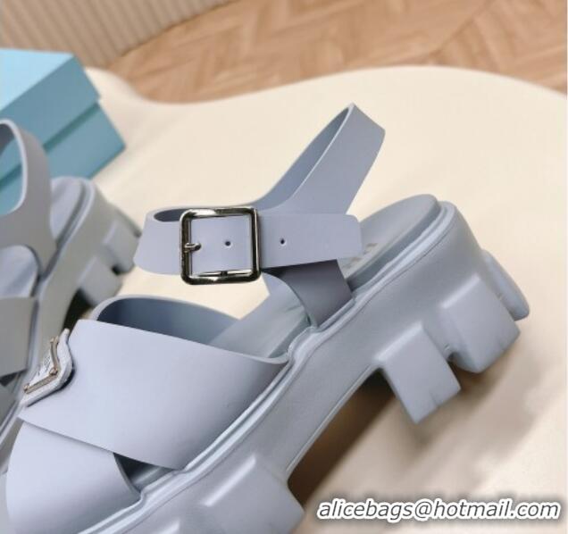 Best Grade Prada Leather Platform Sandals 5.5cm with Cross Strap Light Blue 327119