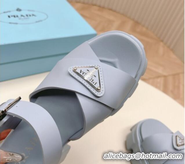 Best Grade Prada Leather Platform Sandals 5.5cm with Cross Strap Light Blue 327119