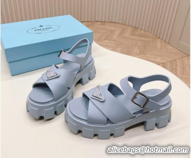 Best Grade Prada Leather Platform Sandals 5.5cm with Cross Strap Light Blue 327119