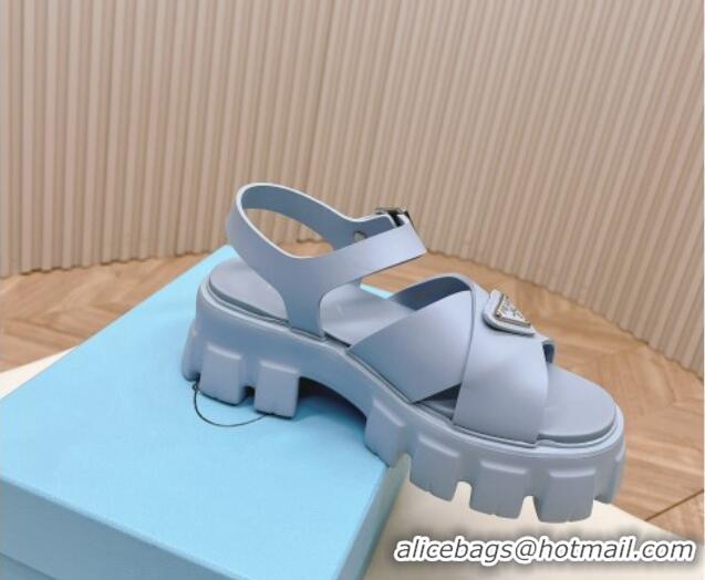 Best Grade Prada Leather Platform Sandals 5.5cm with Cross Strap Light Blue 327119