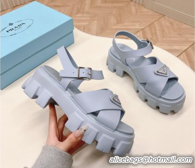 Best Grade Prada Leather Platform Sandals 5.5cm with Cross Strap Light Blue 327119